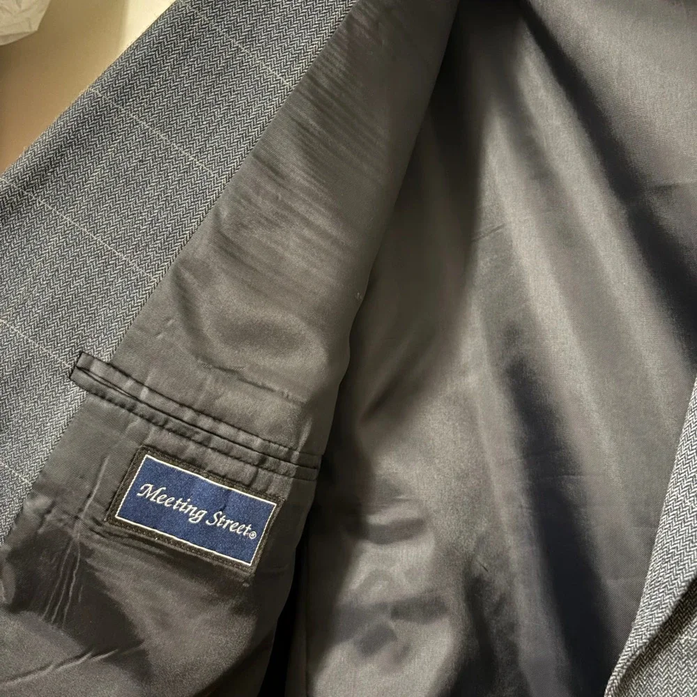 Meeting Street‎ Mens 46R Blazer Silk Wool Blue Herringbone Windowpane Sport Coat